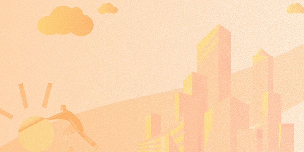 A cityscape graphic in shades of orange